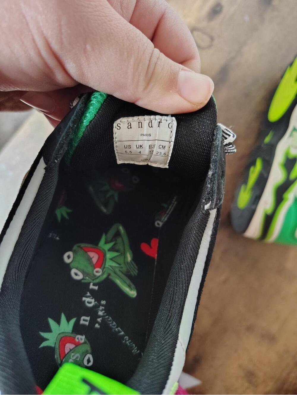 Sandro Women's Green Kermit Frog Leather Sneakers Sz 5.5 - Picture 7 of 9
